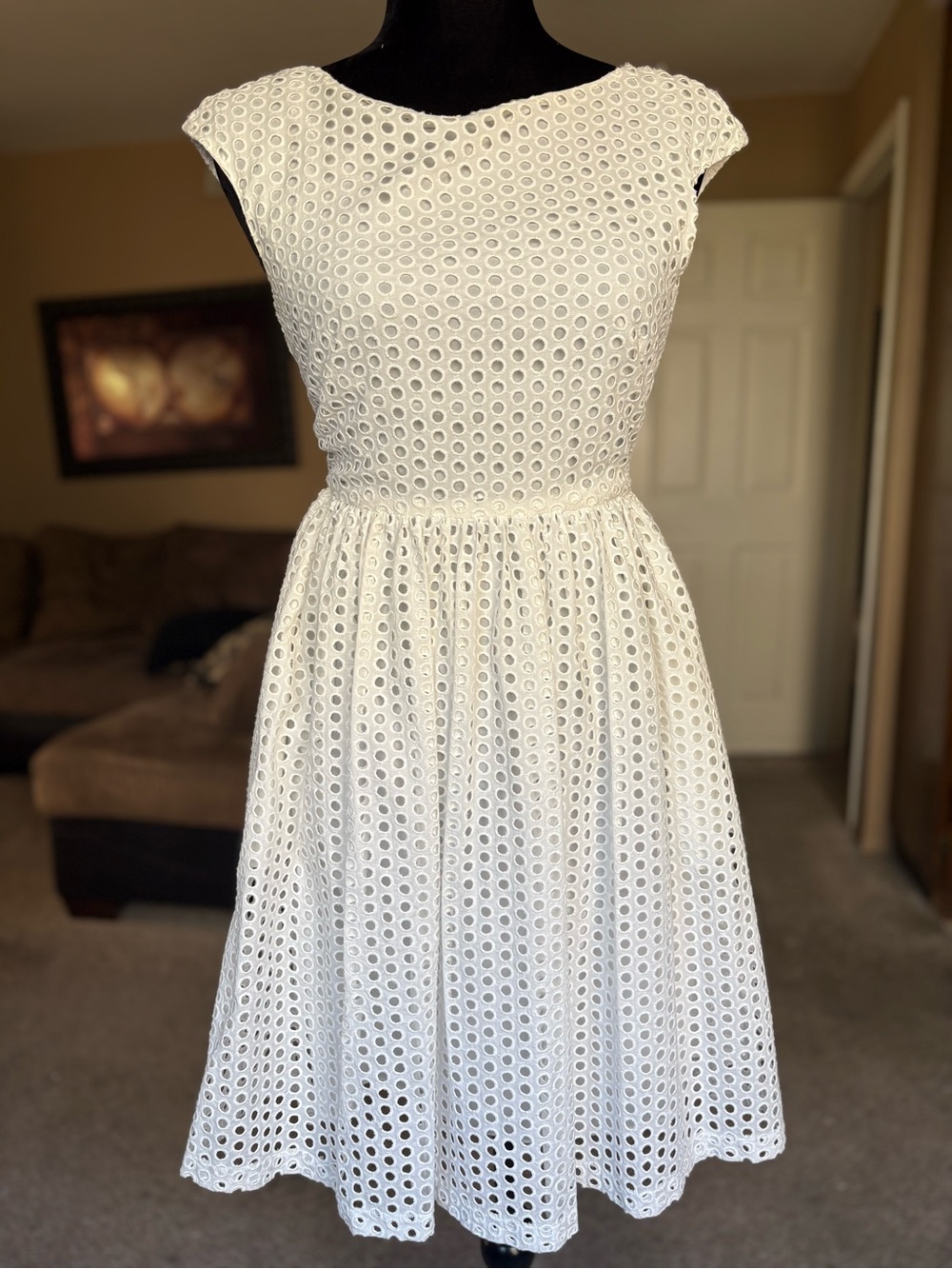 Donna Morgan White Eyelet Midi Fit-and-Flare Dress Size 0